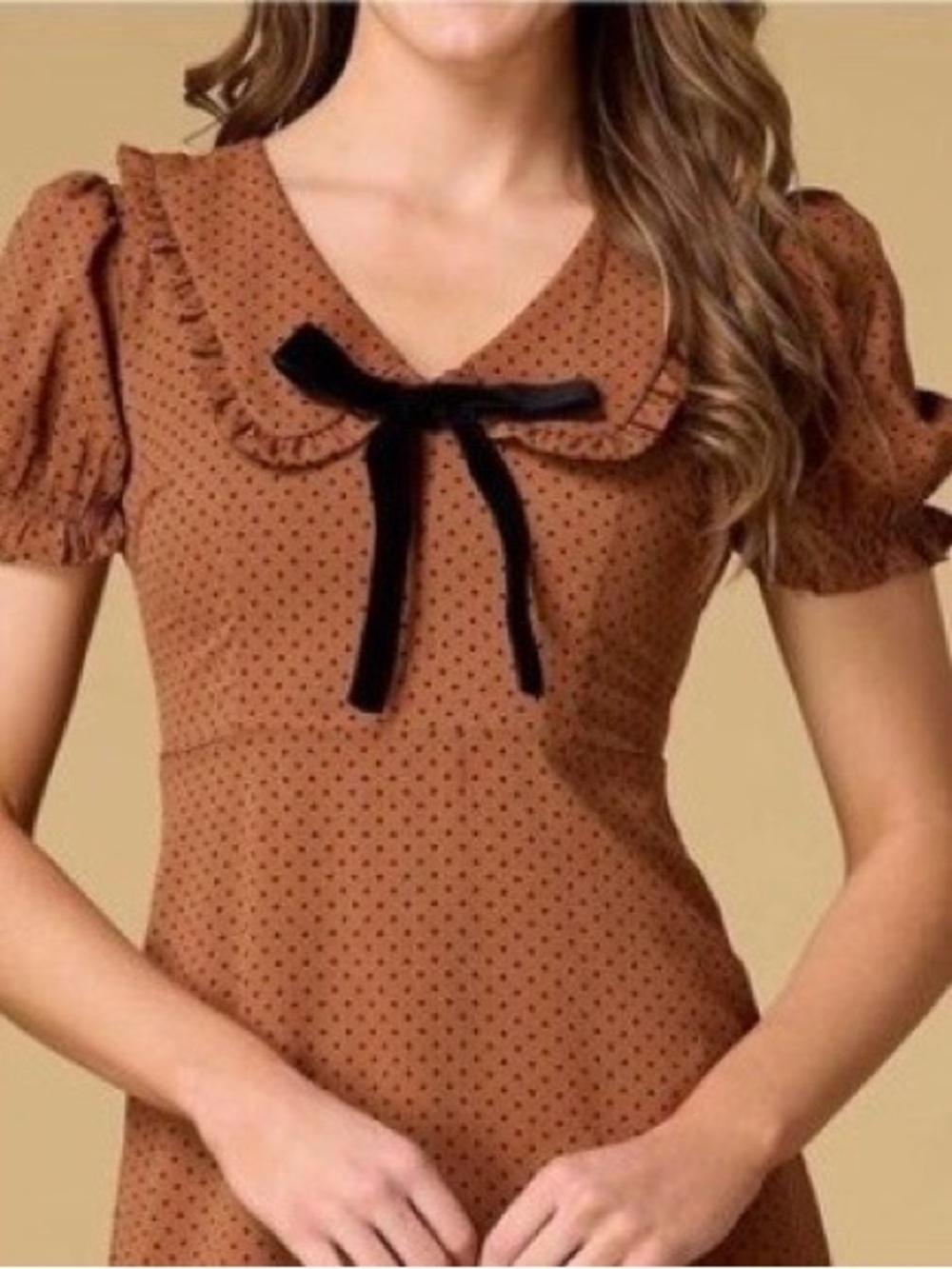 Blu Pepper Brown Polka Dot Midi Dress with Black Velvet Bow